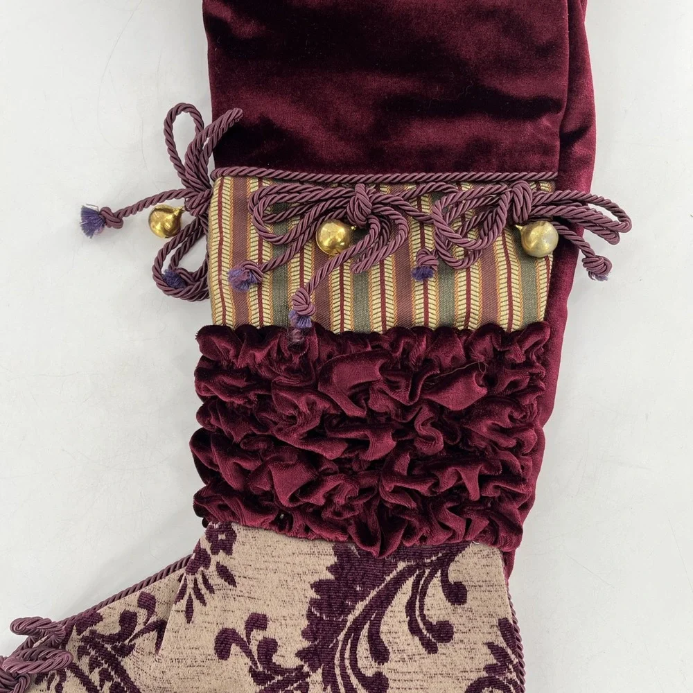Victorian Luxury Christmas Stocking Fabric Brocade Velvet Faux Fur Ribbons Bells